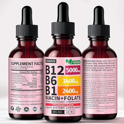 (4 Pack) Vitamin B12 and B6 Liquid Drops, B12 Sublingual Vitamin B Complex - B 12 Vitamin 5000mcg - B12 Methylcobalamin for Energy, Brain, and Heart Support with 27,200 mcg, Strawberry, 80 Servings