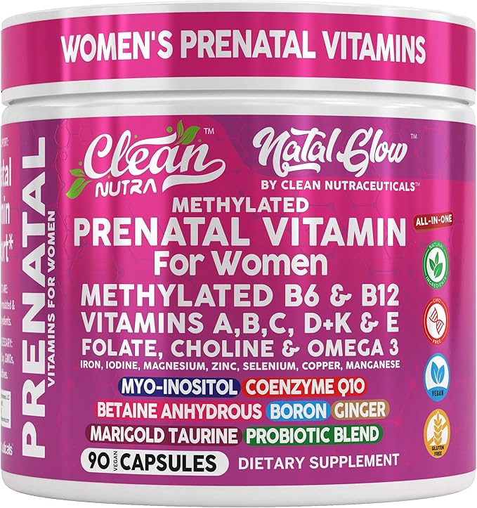 Natal Glow Methylated Prenatal Vitamins for Women Folate Omega 3 Vitamins A B12 C D3 E K2 Iron Riboflavin Biotin Choline Calcium Iodine Magnesium Zinc Selenium Copper Manganese by Clean Nutra
