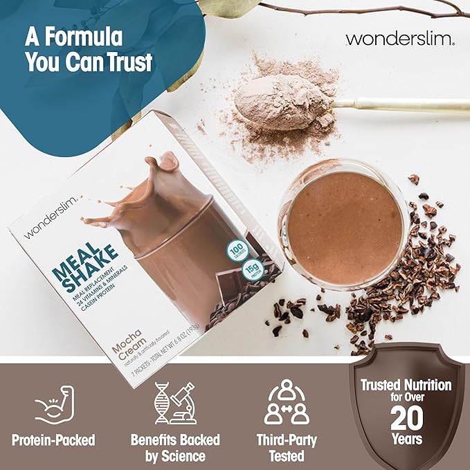 WonderSlim Meal Replacement Shake, Mocha Cream, 15g Protein, 24 Vitamins & Minerals, Gluten Free (7ct)