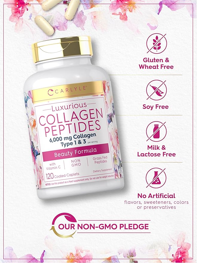 Carlyle Collagen Peptides with Vitamin C | 6000mg | 120 Caplets | Grass Fed Type II & III | Beauty Formula | Non-GMO, Gluten Free Supplement