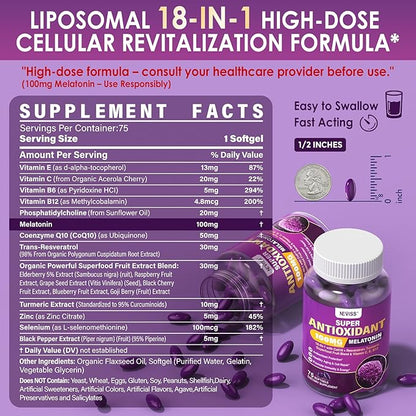 Melatonin 100mg for Antioxidant & Cognitive Health, Ultra High Dose Melatonin with CoQ10, Turmeric, Trans-Resveratrol, Vitamin B12 C E for Brain Anti-Aging, Cellular Repair and Energy, 75 Softgels