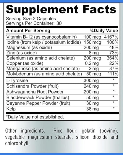 Thyroid Support with Iodine - Metabolism Booster, Energy Booster, Increase Focus - Premium Non-GMO Thyroid Supplement 60 Capsules