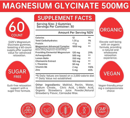 Magnesium Glycinate Gummies 500mg – Sugar Free Magnesium Gummies with L-Theanine - Sleep, Calm, Stress Relief for Adults & Kids 4+, Vegan, No Melatonin (Strawberry Flavor, 60 Count)