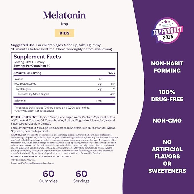 Natrol Kids Melatonin Gummies 1mg, Children's Melatonin for Restful Sleep, 60 Raspberry-Flavored Sleep Gummies, 60 Day Supply