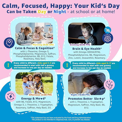 Saffron + Magnesium Glycinate+ Omega-3 - Calm Focus Gummies for Kids 4+, Saffron Extract Supplement with L-Theanine, Holy Basil, Rosemary, B6, B9, B12, D3 for Happy Mood, Cognition, ZZz, Sugar Free