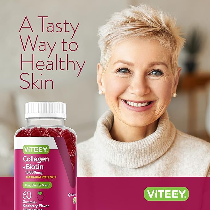 Viteey Collagen Gummies with Biotin Gummies for Hair Skin and Nails Vitamins - Biotin and Collagen Supplements for Women & Men - Gluten-Free – 60 Count