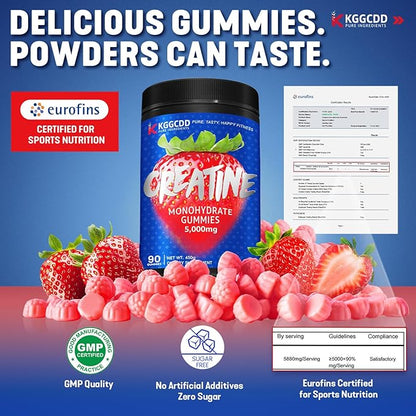 99.99% Creatine Monohydrate Gummies for Men & Women, 5,000mg Tasty Creatine Gummies for Muscle Strength, Endurance, Recovery & Sugar Free, Gluten-Free, Vegan, Non-GMO, 90 Count
