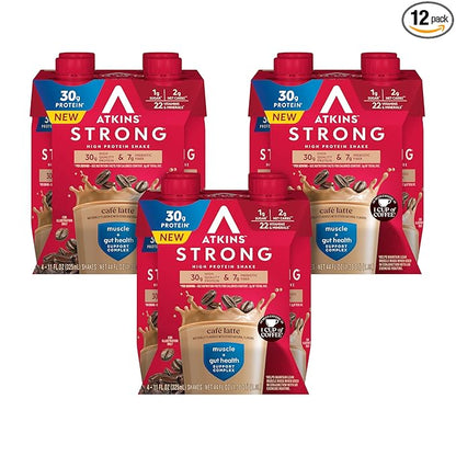 Atkins Strong High Protein Shake, Café Latte Flavored, 30g Protein, 7g Prebiotic Fiber, 1g Sugar, Muscle and Gut Health Support, GLP-1 Support, Low Carb and Low Sugar Coffee Protein Shake, Keto Friendly, 12 Count