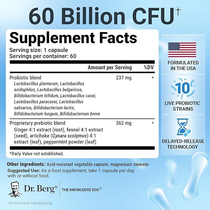 Dr. Berg Probiotic Supplement (60 Billion CFUs) - Helps Ease Occasional Constipation, Diarrhea, Gas & Bloating* - Pre and Probiotics for Digestive Health - 60 Probiotic Capsules