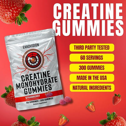 Ekkovision Creatine Monohydrate Gummies for Men and Women, Orange Citrus Flavor, Sugar Free Creatine Gummies for Pre Workout, Muscle Strength and Recovery, Vegan & Travel Friendly, 300 Ct, 60 Servings