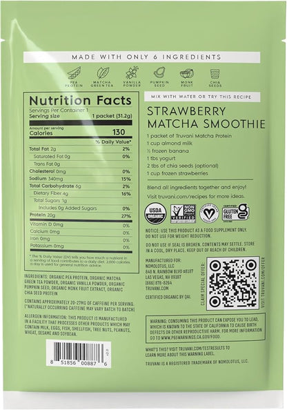 Truvani Vegan Pea Protein Powder | Matcha | 20g Organic Plant Based Protein | 1 Serving | Keto | Gluten & Dairy Free | Low Carb | No Added Sugar