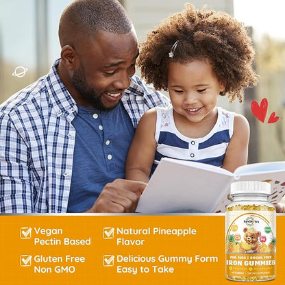 Iron Supplement Gummies for Kids - with Calcium, Zinc, Kids Multivitamin with Iron Gummies - Immune Support, Blood Builder & Energy Support for Iron Deficiency, Anemia, Pineapple Flavor, 60 Gummies
