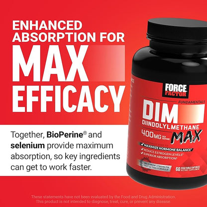 Force Factor DIM Max, DIM Supplement 400mg, Estrogen Balance for Women & Men, Extra Strength for Hormonal Acne, Metabolism, Menopause, PCOS, Diindolylmethane, Superior Absorption, 60 Capsules