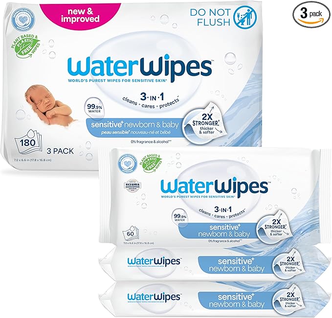 WaterWipes Sensitive+ Newborn & Baby Wipes, 3-In-1 Cleans, Cares, Protects, 99.9% Water, Unscented & Hypoallergenic, 180 Count (3 Packs)