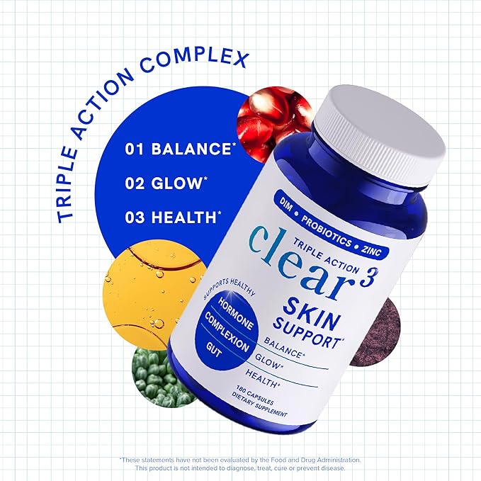 Clear Skin Supplement with Zinc, DIM & Probiotics | 3-in-1 Balance, Glow & Health Skin Support | Triple Action Hyaluronic Acid, Niaciminide & Vitamins for Hormone, Complexion & Gut Support | 180 Ct