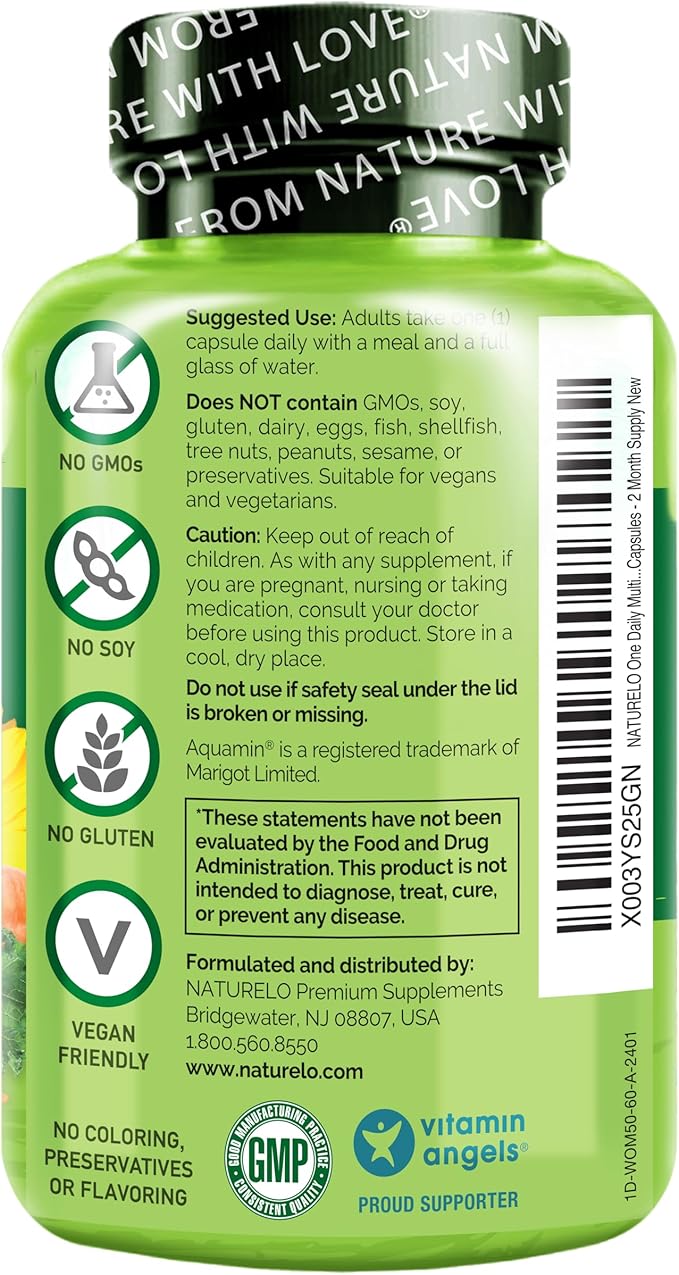 NATURELO One Daily Multivitamin for Women 50+ (Iron Free) - Menopause Support for Women Over 50 - Whole Food Supplement - Non-GMO - No Soy - 60 Capsules - 2 Month Supply