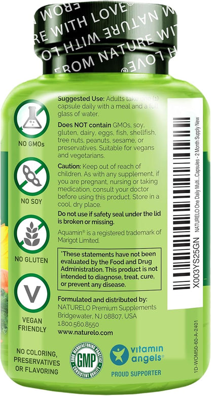 NATURELO One Daily Multivitamin for Women 50+ (Iron Free) - Menopause Support for Women Over 50 - Whole Food Supplement - Non-GMO - No Soy - 60 Capsules - 2 Month Supply