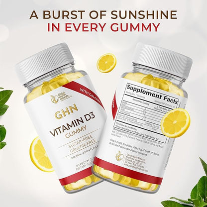 Sugar Free Vitamin D3 Gummies for Adults - Vegan Pectin-Based Gummy Vitamin D - 1,000 IU Natural Lemon Flavor - Gluten Free, Dairy Free, Soy Free Daily D3 Gummies for Women & Men - 60 Count