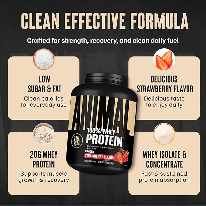 Animal 100% Whey Protein Powder – Whey Blend for Pre or Post Workout, Recovery, Anytime Low Sugar Protein Boost Meal Replacement with BCAA Branched Chain Amino Acids – New Flavor, Strawberry, 4 lb
