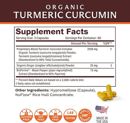 Life's Fortune Organic Turmeric Curcumin with Black Pepper and Ginger, Enhanced Absorption, Extra Strength Supplement, Joint & Immune Support, Non-GMO, 180 Cap - 2250mg