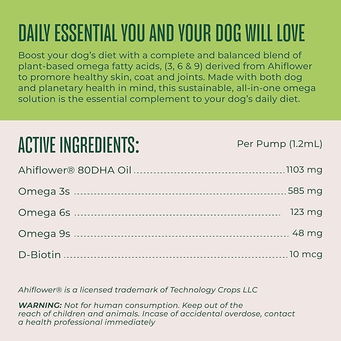 WagWell Ahiflower Omega Oil for Dogs | Vet-Formulated Health Supplement for Joints, Skin, Coat | Plant-Based Omega 3-6-9 Food Topper | for Dogs of All Ages & Sizes, All Natural, Made in USA | 8 fl oz