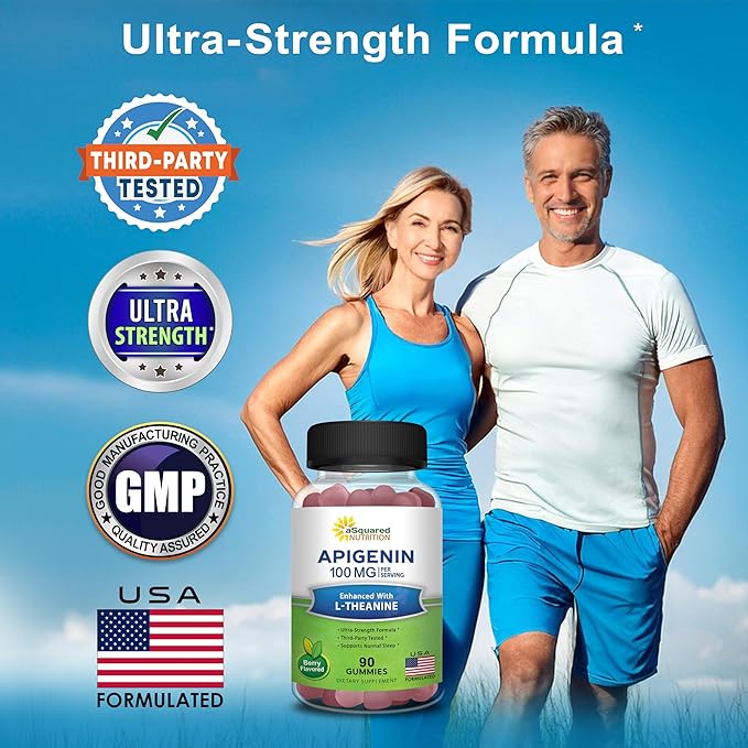 aSquared Nutrition Apigenin 100mg with L-Theanine 100mg Gummies - Apigenin Supplement for Sleep - Natural Extract Gummy Alternative to Capsules, Pills, Powder & Tea - 2 Per Serving (Pack of 3)
