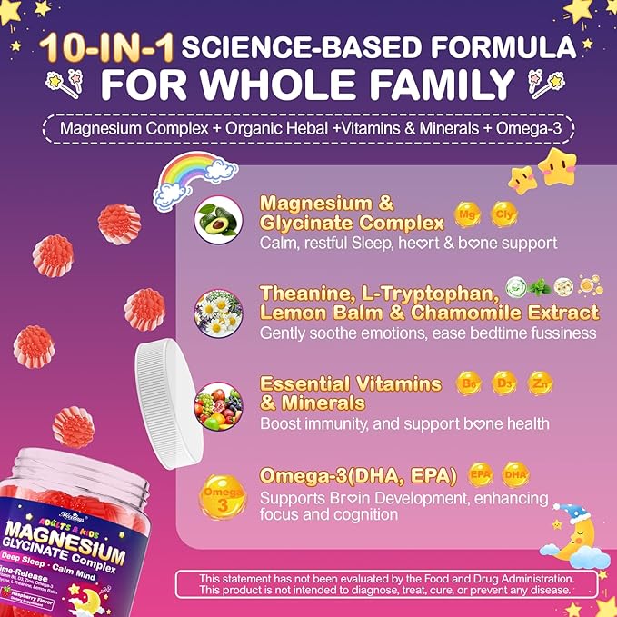 Magnesium Glycinate Gummies for Kids 4+ & Adults, 90 Counts No Melatonin Magnesium Gummies for Sleep & Calm, Sugar Free Vegan with Glycine, L-Theanine, B6, D3, Zinc & Omega 3 - Raspberry Flavor