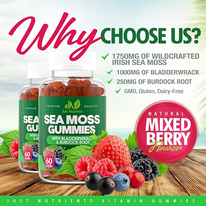 Sea Moss Gummies with Bladderwrack and Burdock Root - Natural Irish Sea Moss Superfood for Immune, Thyroid and Detox Support - Extra Strength for Men & Women - Gluten-Free, Vegan - 60 Gummies