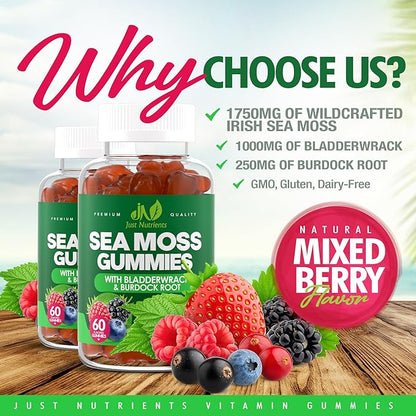 Sea Moss Gummies with Bladderwrack and Burdock Root - Natural Irish Sea Moss Superfood for Immune, Thyroid and Detox Support - Extra Strength for Men & Women - Gluten-Free, Vegan - 60 Gummies