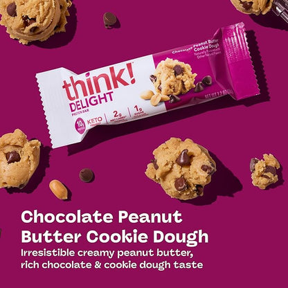 think! Delight, Keto Protein Bars, Healthy Low Carb, Gluten Free Snack - Chocolate Peanut Butter Cookie Dough, 10 Count (Packaging May Vary)