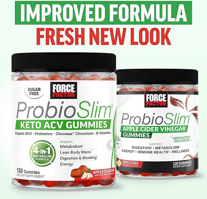 Force Factor ProbioSlim Keto ACV Gummies, Organic Apple Cider Vinegar Gummies with LactoSpore Probiotics & Prebiotics to Support Digestion, Metabolism, & Immune Health, 1 Net Carb, Apple Flavor, 240ct