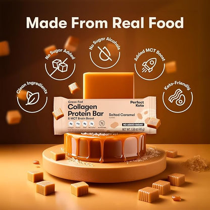 Perfect Keto Bars - The Cleanest Keto Snacks with Collagen and MCT. No Added Sugar, Keto Diet Friendly - 3g Net Carbs, 19g Fat,11g Protein - Diet Food Dessert (Salted Caramel, 12 Bars)