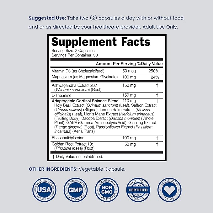 Cortisol Supplements for Women & Men with 14 in1 Blend (Magnesium, Ashwagandha, L Theanine & More) Healthy Cortisol Balance & Calm Mood Support - Third Party Tested, Non GMO, USA Made - 60 Count