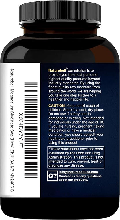 Naturebell Pure Magnesium Glycinate 500mg, 240 Veggie Capsules | 100% Chelated & Purified – 3rd Party Tested, Vegan Friendly, Non-GMO, Filler Free