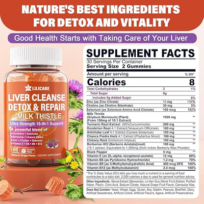 Milk Thistle Liver Detox Gummies, 18-IN-1 Liver Cleanse Detox & Repair Supplement with Berberine, Chicory Root, Turmeric, Artichoke, Dandelion Root, Chanca Piedra, Vitamins B6 B12-Sugar Free,Pack of 2