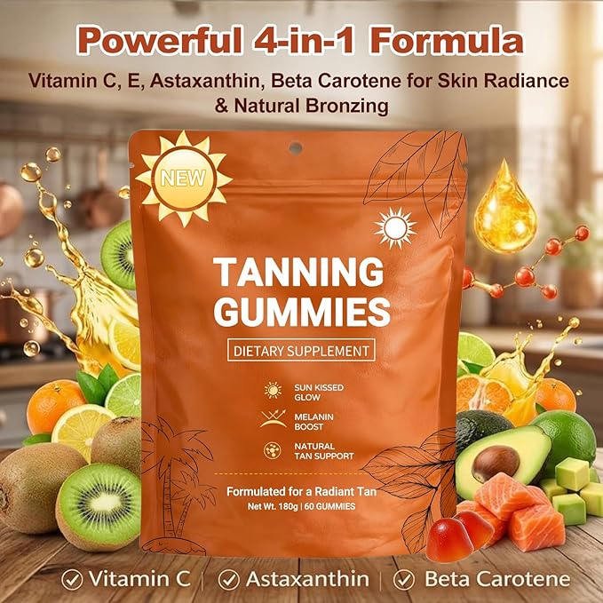 2026 New Tanning Gummies for Women, Skin Radiance & Hydration for Natural Looking Glow, Bronzing, with Vitamin C & E, Astaxanthin, Beta Carotene, Vegan & Sugar Free, Non-GMO, 60 Count (1 Pcs)