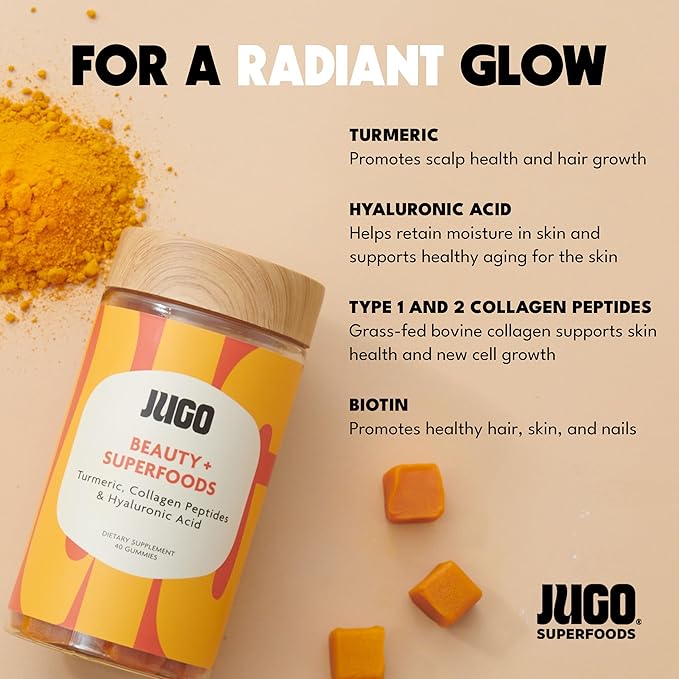 JUGO Beauty + SUPERFOODS Hair, Skin and Nails Collagen Gummies, Hyaluronic Acid and Turmeric Supplement, Cruelty-Free, Gelatin-Free and Gluten-Free Gummy Vitamins, Non-GMO, Made in USA, 40 Count