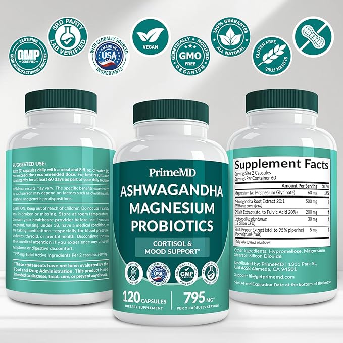 5-in-1 Cortisol Supplement for Women and Men with Ashwagandha for Calmness, Focus, and Adrenal Support Supplements with Shilajit Extract, Magnesium Glycinate, Probiotics (120 ct) (Pack of 1)