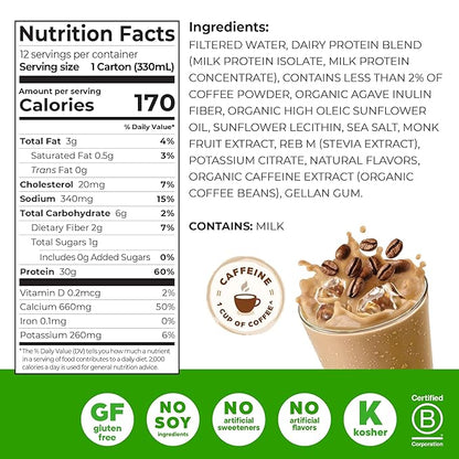 Orgain 30g High Protein Shake, Café Latte, 5g BCAAs, 1g Sugar Per Serving, Caffeine from 1 Cup of Coffee, Milk Isolate, Meal Replacement, Ready to Drink, Keto Friendly, Gluten-Free 11 Fl Oz (12 Pack)
