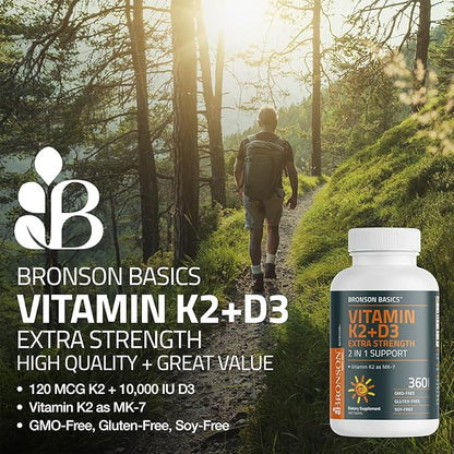 Bronson Vitamin K2 (MK7) with D3 Supplement Extra Strength 2 in 1 Support, 10,000 IU Vitamin D3 & 120 mcg K2 MK-7, 200 Tablets