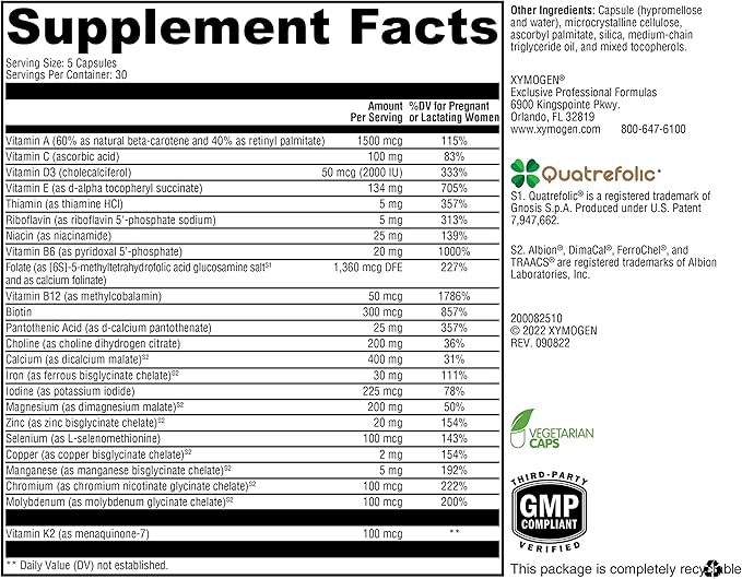 XYMOGEN Prenatal Essentials - Prenatal Vitamins + Mineral Support - Pre Natal Multivitamin with Bioactive Folate Methyl (5-MTHF) + Gentle Minerals to Promote Optimal Absorption (150 Capsules)