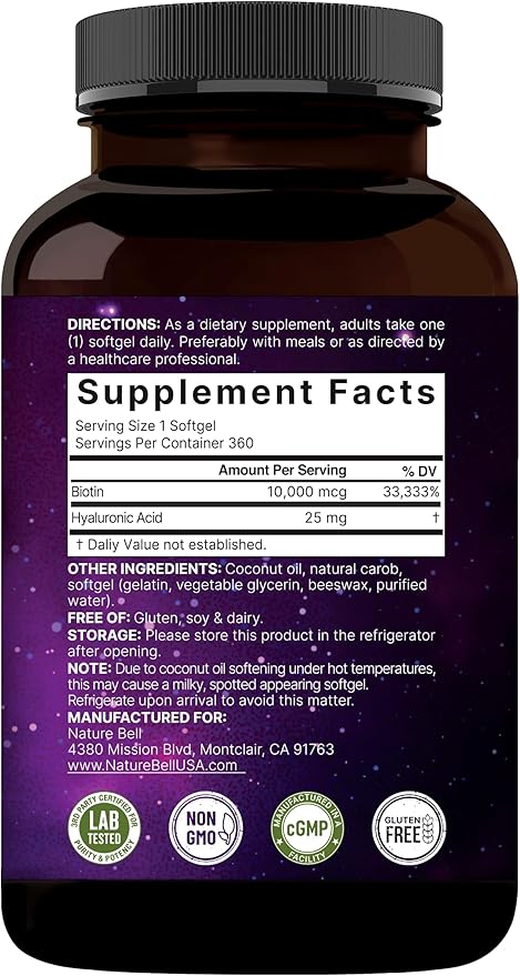 NatureBell Biotin 10000mcg + Hyaluronic Acid 25mg | 360 Coconut Oil Softgels, Premium Biotin Supplement for Hair Skin and Nails*