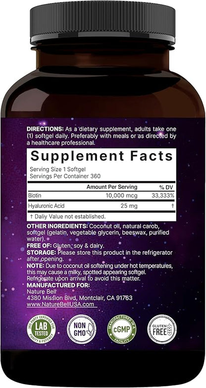 NatureBell Biotin 10000mcg + Hyaluronic Acid 25mg | 360 Coconut Oil Softgels, Premium Biotin Supplement for Hair Skin and Nails*