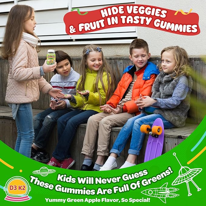 NEVISS Kids 4+ & Teens Super Greens 40-in-1 Gummies w/Multivitamin, Omega3 Iron, D3K2, Picky Eater Organic Super Fruits Veggies Superfood Gummy, Mushroom, Lutein | Immune Bone Brain Energy, Sugar Free