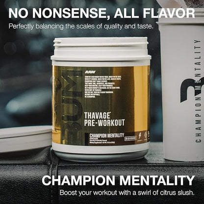 RAW Pre Workout Powder, Thavage (Champion Mentality) - Chris Bumstead Sports Nutrition Supplement for Men & Women - Cbum Pre Workout for Working Out, Hydration, Mental Focus & Energy - 40 Servings