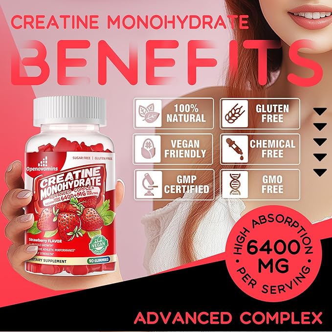 Creatine Monohydrate Gummies Complex for Men & Women -Advanced Formula W/L-Taurine + Vitamin B12, Sugar Free Chewable Supplement,90 Strawberry Gummies