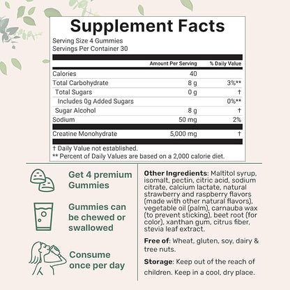 Creatine Monohydrate Gummies 5,000mg Per Serving, 120 Count | Sugar Free Strawberry Raspberry Flavored | Creatine for Women & Men | Pre Workout + Muscle Strength & Recovery Support | Non-GMO