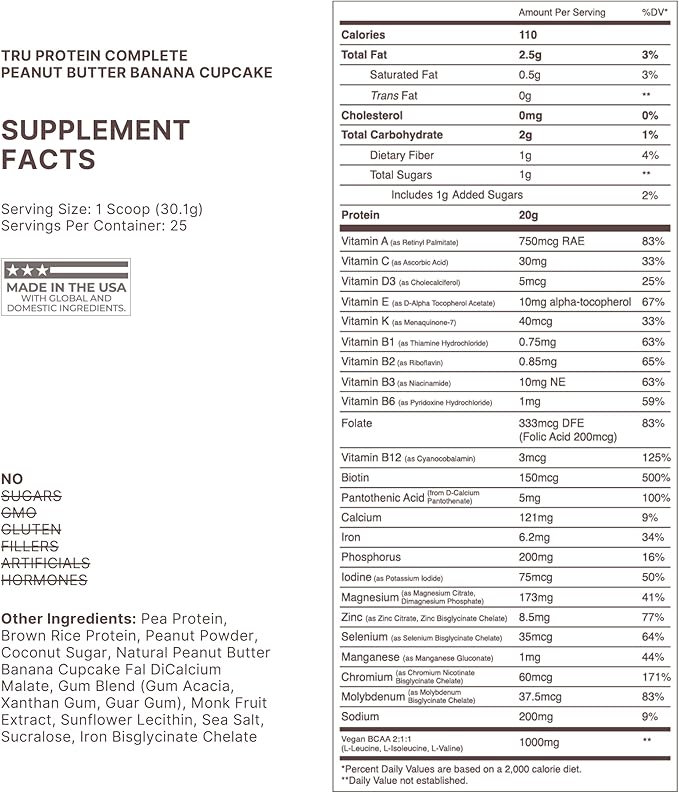 TRU Plant Based Protein Powder, BCAA, EAA, 20g Vegan Brown Rice & Pea Protein, 100 Calories, 27 Vitamins, No Artificial Flavors 25 Servings (Peanut Butter Banana Cupcake)