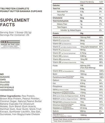 TRU Plant Based Protein Powder, BCAA, EAA, 20g Vegan Brown Rice & Pea Protein, 100 Calories, 27 Vitamins, No Artificial Flavors 25 Servings (Peanut Butter Banana Cupcake)