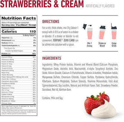 Isopure Zero Carb 100% Pure Whey Isolate Protein Powder, Gluten Free, With Vitamins, Strawberries & Cream, 25g Protein Per Serving, 3 Lbs, 44 Servings (Packaging May Vary)